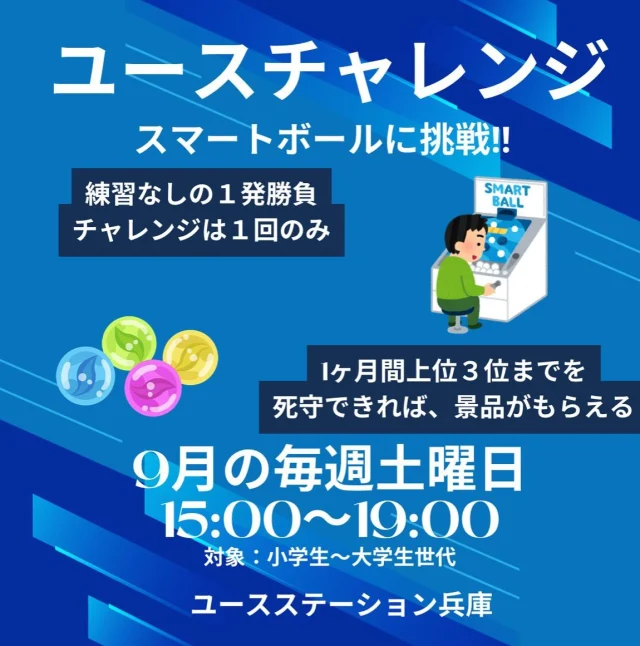 こんにちは☁️
ユースステーション兵庫です。
 
さて、7月8月は色々ありお休みしていましたが、
9月からユースチャレンジ再開します！！

9月は「スマートボール」
得点を競い合います！！
練習なしの1発勝負チャレンジは毎週1回のみ

1ヶ月間上位3名までを死守できれば、景品がもらえる！？
〜開催予定日〜
・9月7日担当中谷
・9月14日担当中谷
・9月21日代役服部
・9月28日担当中谷
※中止する場合もあります

詳しい情報は、チラシを見たり、スタッフに聞いてね！！

本日も20時までお待ちしています✨
ユースステーション兵庫/中谷🌱

#ユースステーション兵庫#兵庫#兵庫区#神戸#湊川公園#中高生の居場所#学習スペース#フリースペース#受験生応援#受験生#夏#チャレンジ#ユースチャレンジ#ピンポンカップイン#チャレンジ#kobe